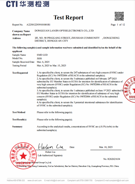 China Dongguan Lanjin Optoelectronics Co., Ltd. certification